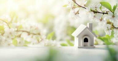 AI generated Toy house and cherry flowers, spring abstract natural background. Generative AI photo