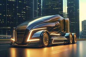 AI generated 23rd Century Futuristic Truck with Hyper Modern Drive, Wide Angle Lens, and Futuristic Skyscraper in the Background. AI Generative photo