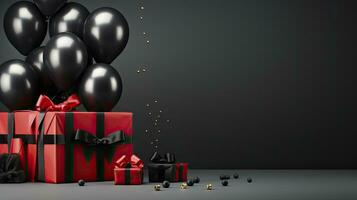 AI generated Black Friday sale banner with ballon and gift box space for text. AI Generated photo