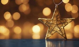 AI generated Sparkling Golden Christmas Star. Ornament Decoration Defocused Bokeh Background. AI Generated photo