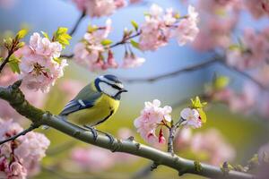 ai generado un bluetit pájaro descansando en el rama de un árbol. ai generado. foto