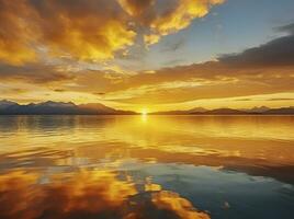 ai generado brillante puesta de sol terminado lago dorado nubes reflejar en el agua. ai generado. foto