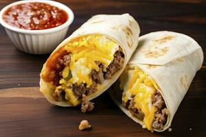 AI generated Breakfast burrito with sausage, eggs, hashbrown and cheese. AI Generated photo