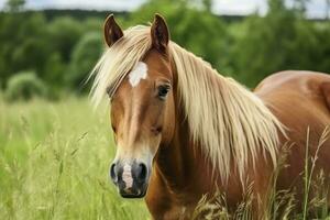 ai generado marrón caballo con rubio pelo come césped en un verde prado detalle desde el cabeza. ai generado foto