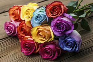 AI generated Bunch of multi colored roses on wooden planks, happy birthday lying on planks. AI Generated photo