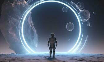 AI generated Astronaut in front of dimensional portal.  AI Generated. photo