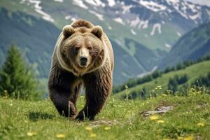 AI generated Brown bear moving on the green meadow in springtime nature. AI Generated photo