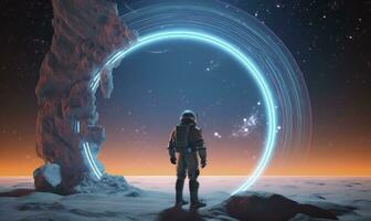 AI generated Astronaut in front of dimensional portal.  AI Generated. photo