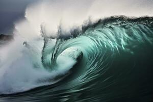 AI generated Extreme close up of thrashing emerald ocean waves. AI Generated photo