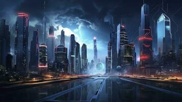 AI generated A futuristic, cyberpunk inspired cityscape at night. AI Generated photo