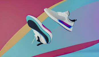 AI generated Flying trendy sneakers on creative colorful background, Stylish fashionable concept. AI Generated photo