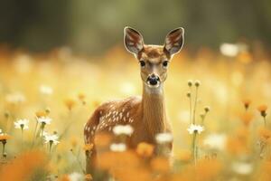 ai generado hembra hueva ciervo con hermosa flor. ai generado foto