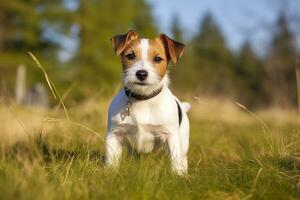 AI generated Happy jack russell terrier pet dog waiting, listening in the grass. AI Generated photo