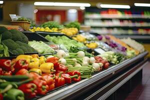 AI generated Fruits and vegetables on shop stand in supermarket grocery store. AI Generated photo