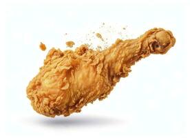 AI generated Fried chicken leg falling in the air isolated on a white background. AI Generated. photo