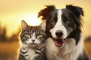 AI generated Cat and dog together with happy expressions. AI Generated photo