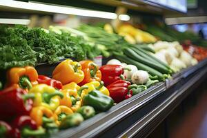 AI generated Fruits and vegetables on shop stand in supermarket grocery store. AI Generated photo