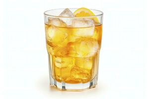 AI generated A glass of orange soda water with ice cubes on white background. AI Generated photo