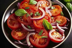 AI generated Healthy tomato salad with onion basil olive oil and balsamic vinegar. AI Generated photo