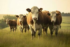 AI generated Group of cows standing in a grassy field. AI Generated photo