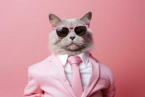 ai generado un gato es vistiendo Gafas de sol y traje en rosado antecedentes. ai generado foto