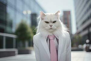 AI generated A cat is wearing sunglasses, suit and standing on street. AI Generated photo