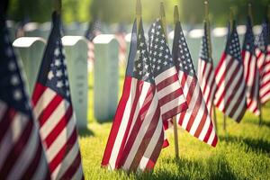 AI generated Military Headstones and Gravestones Decorated With Flags for Memorial Day.  AI Generated photo