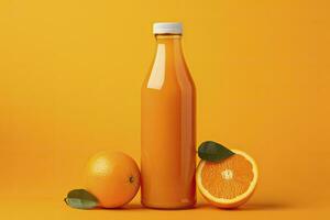 ai generado naranja jugo botella en naranja antecedentes. ai generado foto