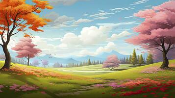 AI generated Spring season with colorful flowers and trees in a pretty meadow or field. AI Generated. photo