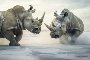 AI generated Two Rhinoceros getting ready for fight on Ice. AI Generated photo