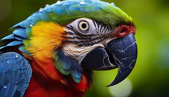 AI generated Tropical macaw perched, vibrant feathers in focus. Generative AI photo