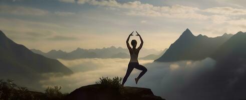 AI generated silhouette of a woman practicing yoga in the summit with mountain Background. AI Generated photo