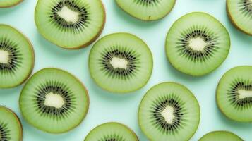 AI generated Slices of kiwi fruit and green mint leaves on a light pastel blue background. AI Generated photo