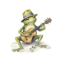 AI generated Watercolor green frog playing a tiny musical instrument on white background. AI Generated photo