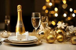 AI generated Christmas table setting with holiday decorations in gold color. AI Generated photo