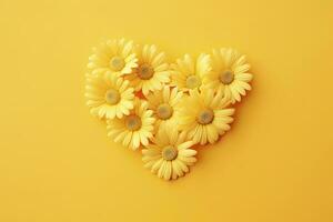 AI generated Yellow Heart Shaped By Yellow Daisies Over Yellow Background. AI Generated photo