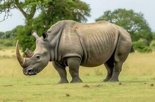 AI generated White Rhino grazing. AI Generated photo