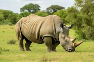 AI generated White Rhino grazing. AI Generated photo