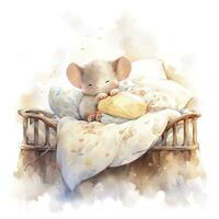 AI generated A sleepy baby mouse in a bedding, watercolor illustration.  AI Generated photo