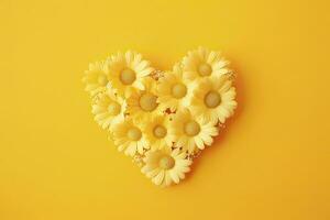 AI generated Yellow Heart Shaped By Yellow Daisies Over Yellow Background. AI Generated photo