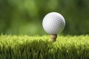 ai generado blanco golf pelota en de madera tee con césped. generativo ai foto