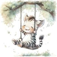 AI generated Cute happy baby zebra on swings on the tree in watercolor style. AI Generated photo
