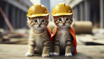 ai generado dos gatitos vistiendo difícil sombreros en un construcción sitio. generativo ai foto