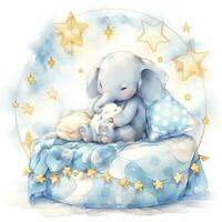 AI generated An elephant on a bed with stars and blankets around the circle. AI Generated photo