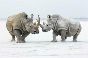 AI generated Two Rhinoceros getting ready for fight on Ice. AI Generated photo