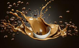 AI generated hot liquid coffee splash with Coffee Bean falling, 3d illustration. AI Generated photo