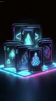 AI generated Some playing cards with glowing neon designs on a tablet. Generative AI photo