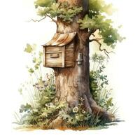 AI generated Watercolor mailbox in a tree on a white background. AI Generated photo