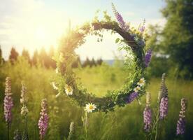 AI generated Rustic wildflowers wreath on a sunny meadow. Summer Solstice Day, Midsummer concept. Generative AI photo