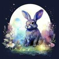 AI generated Watercolor Rabbit and Glowing Moon for T-shirt Design. AI Generated photo